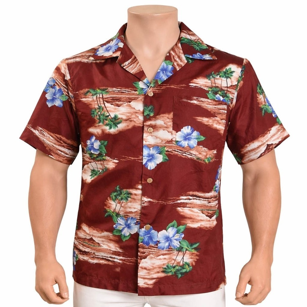 Made In‎ Hawaii Hawaiian Aloha Shirt Medium Flowers Brown Blue Green Palms Waves
